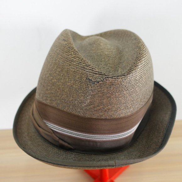 VINTAGE KNOX Hat Adult 7 1/4 Brown Panama Straw Trilby Jazz Cuban Summer 90s - Picture 8 of 16